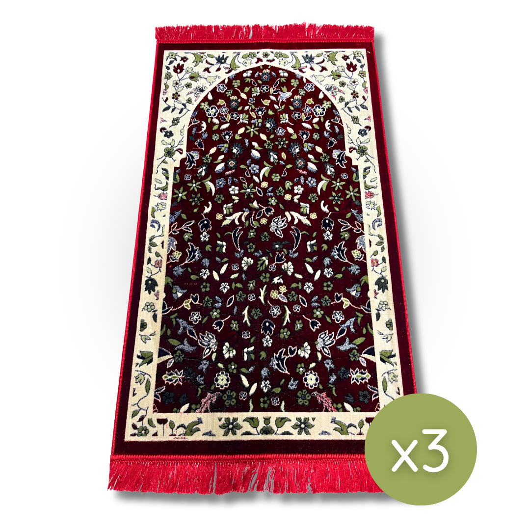 3 Adet Kırmızı Mescid-i Nebevi Motifli Dokuma Seccade